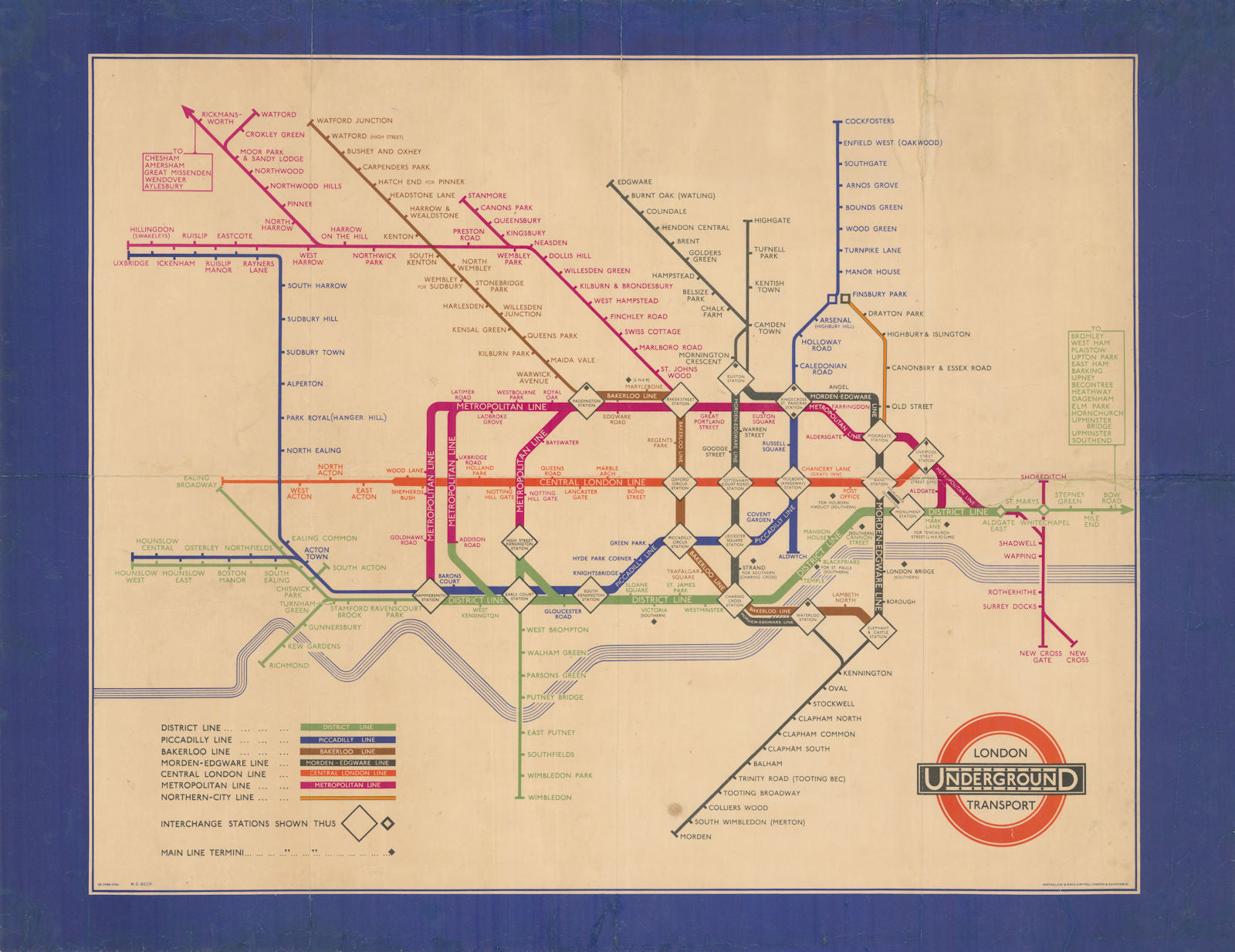 London Transport Underground Station Poster Map by Harry Beck. Double Crown 1936